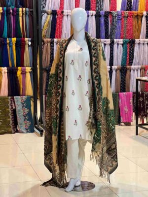Cream and Green multi women NISHAT pashmina shawl 1pc