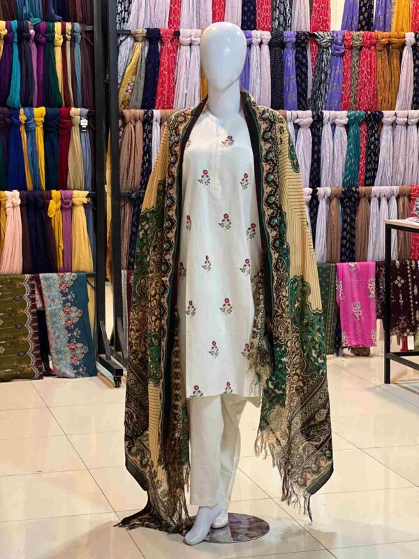 Cream and Green multi women NISHAT pashmina shawl 1pc